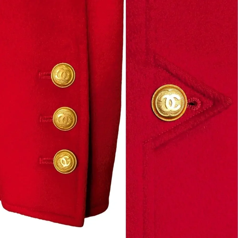 Vintage Chanel Cashmere Double Breasted Jacket Red Gold CC Logo Button FR36 | 4